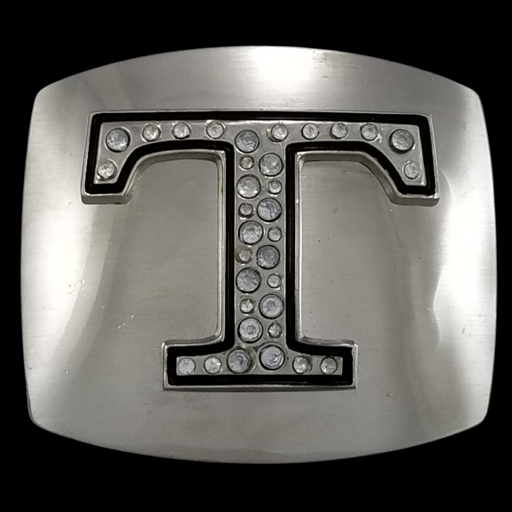 Silver Tone Initial T Rhinestone Belt Buckle Letter Western Fashion Accessory